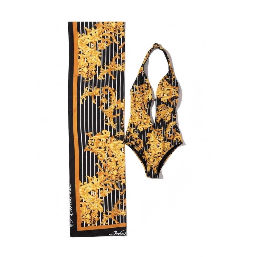 Made in Italy Amarea Black and Gold Patterned Swimwear one piece and coverup
